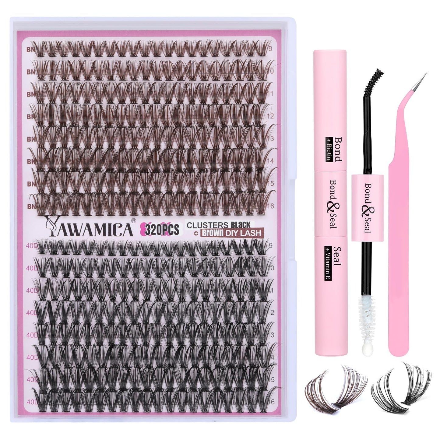 Yawamica DIY Eyelash Extension Kit 320pcs Individual Lashes Black Brown Mix 9-16mm Lash Clusters Kit with Lash Bond and Seal and Lash Applicator for Lash Extension Beginners