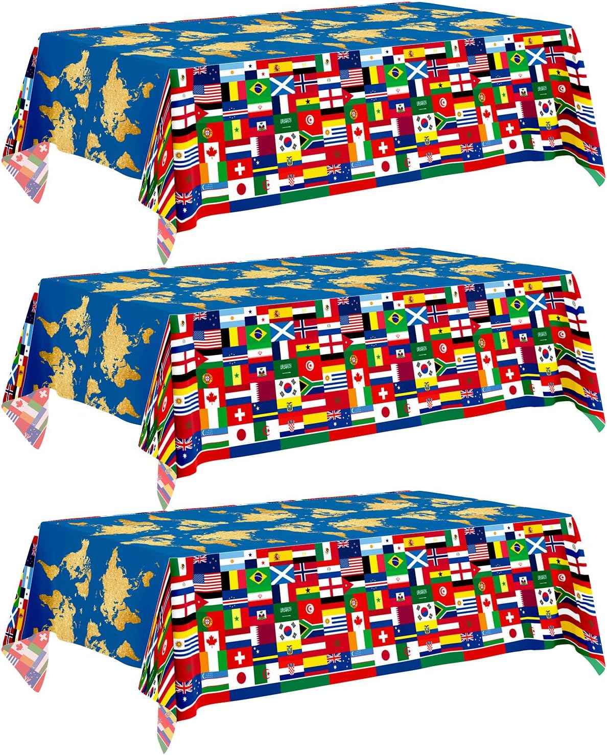 3World Cup Flag Tablecloth International Country Flag Decorations, Disposable Plastic Table Cover for Soccer World Cup Party,Games, Patriotic BBQ, Birthday, Outdoor Picnic Supplies