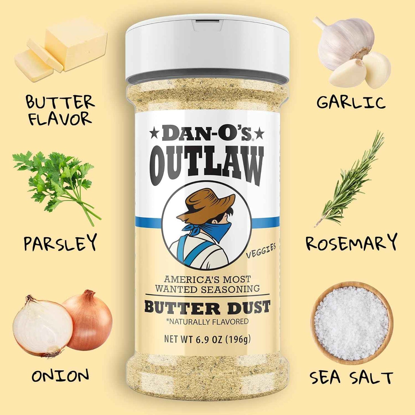 Dan-O’s Outlaw – 6.9 oz – Buttery All Purpose Seasoning for Chicken, Vegetables & Popcorn – Sugar Free, Zero Calorie Dry Spice Blend