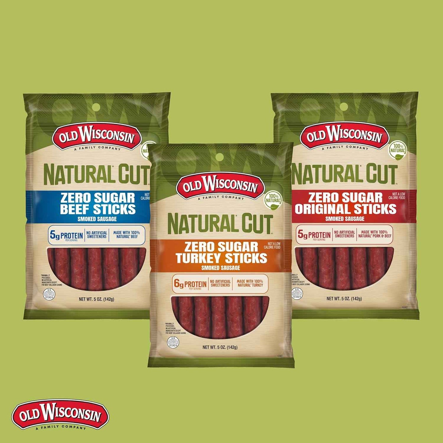 Old Wisconsin Natural Cut Beef Sausage Snack Sticks, Zero Sugar, Naturally Smoked, Ready to Eat, High Protein, Low Carb, Keto, Gluten Free, No Artificial Preservatives or Nitrates, 5 Ounce