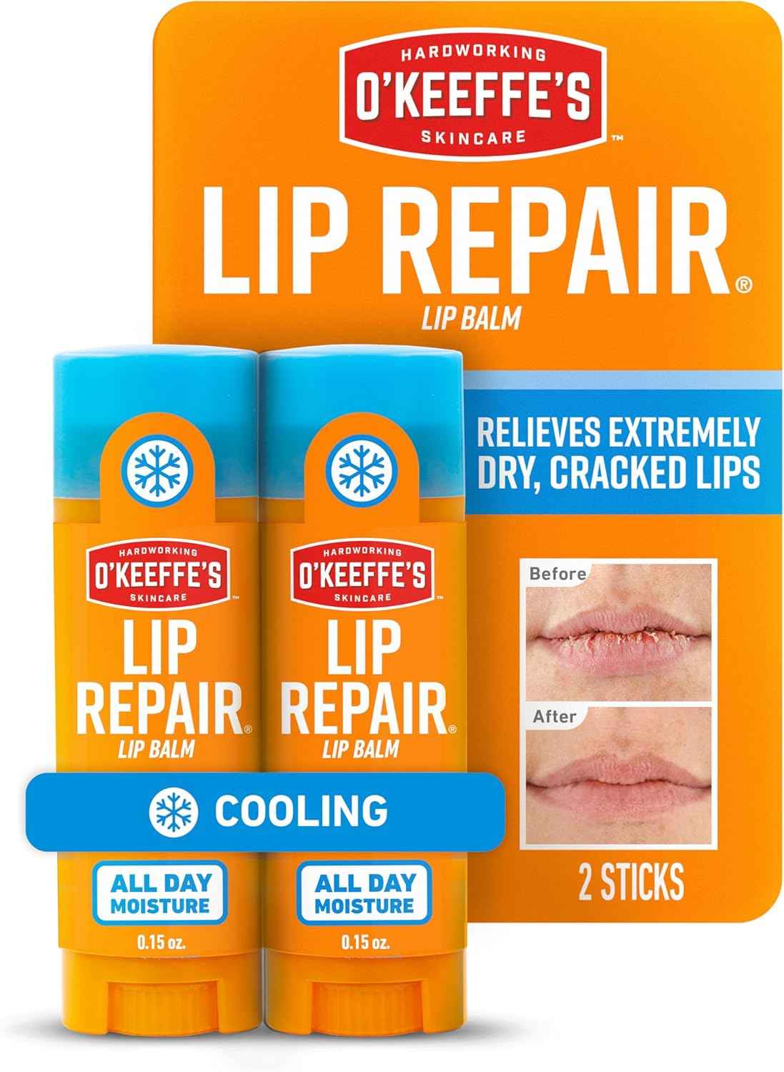 O'Keeffe's Lip Repair Lip Balm With Cooling Relief for Dry, Cracked Lips - Stick (Twin Pack) - Moisturizer for Extremely Cracked, Dry Lips