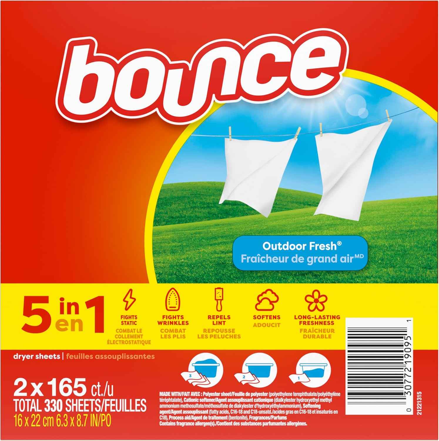 Bounce Dryer Sheets, Outdoor Fresh Scent, Fabric Softener Sheets, Reduces Static, Softens and Fights Wrinkles