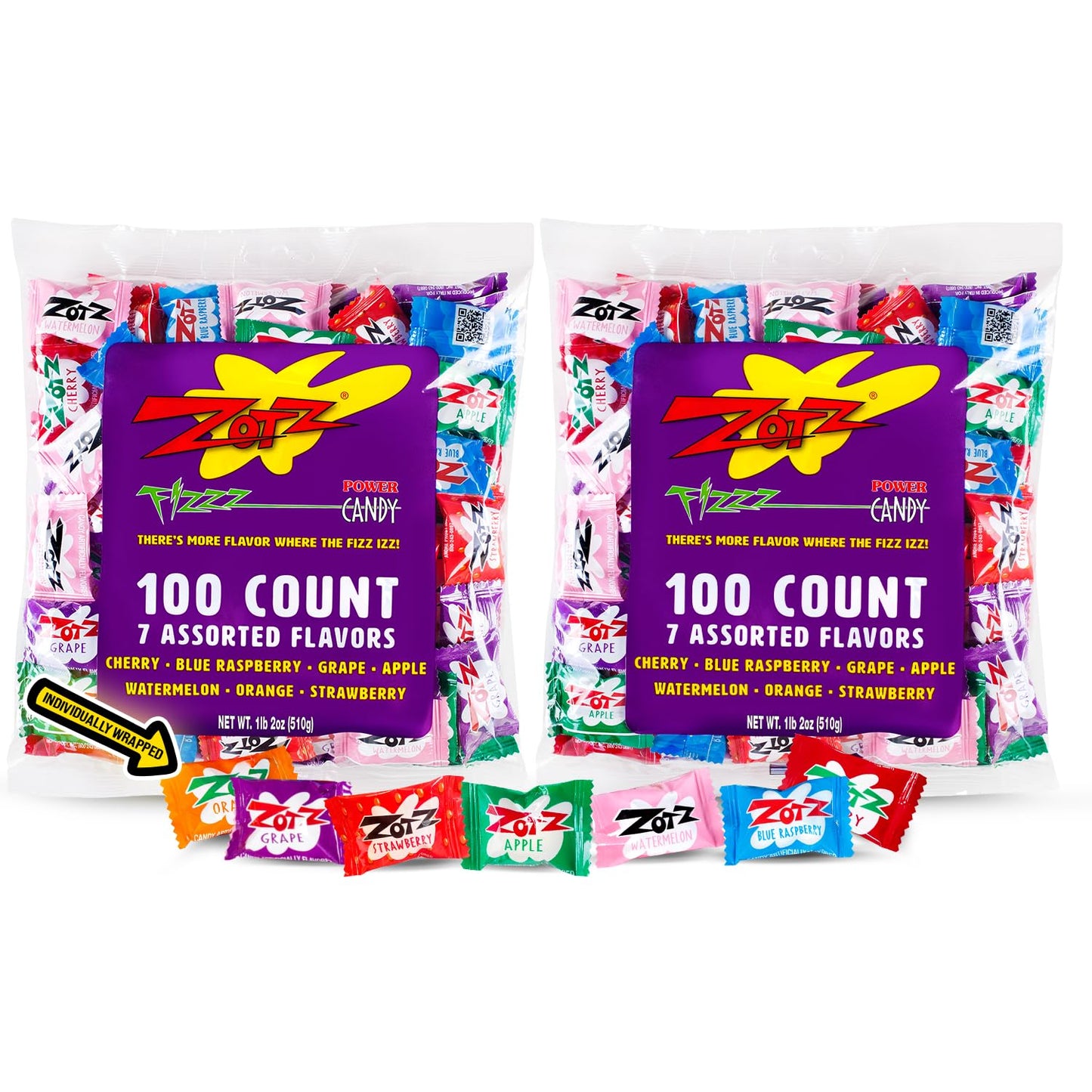 Zotz Fizzy Bulk Candy (Assorted, 200 Units)- Hard Candy Individually Wrapped- Assorted 7 Fruit Flavors, Cherry, Watermelon, Blue Raspberry, Apple, Orange &amp;amp; Grape- From Italy Since 1970