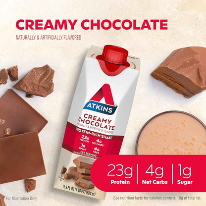 Atkins Creamy Chocolate Meal Size Protein Shake, 23g Protein, Low Glycemic, 4g Net Carb, 1g Sugar, Keto Friendly