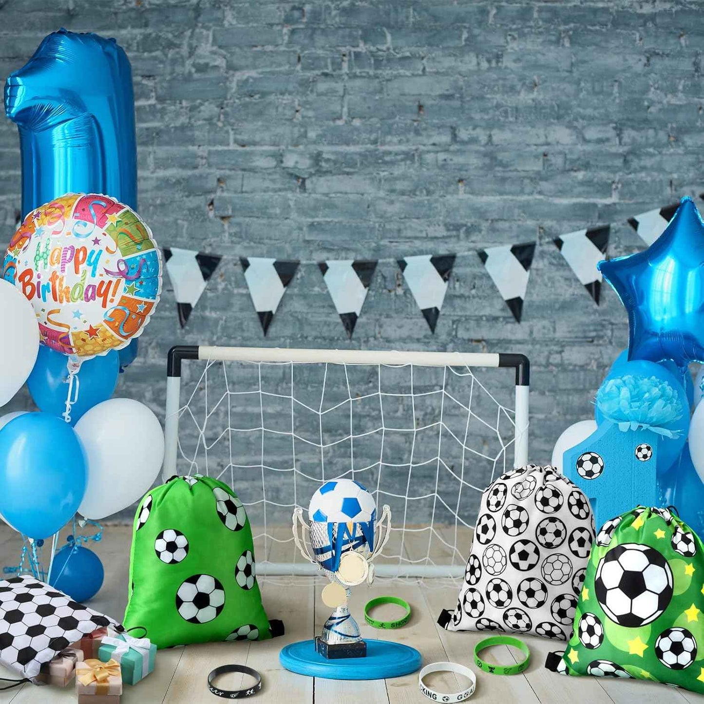 Sadnyy 32 Pcs Soccer Party Favors Set Include 16 Drawstring Goodie Bags 16 Silicone Bracelets Wristband Snack Treat Candy Bags for Birthday Party Team Gift Stuffers Supplies