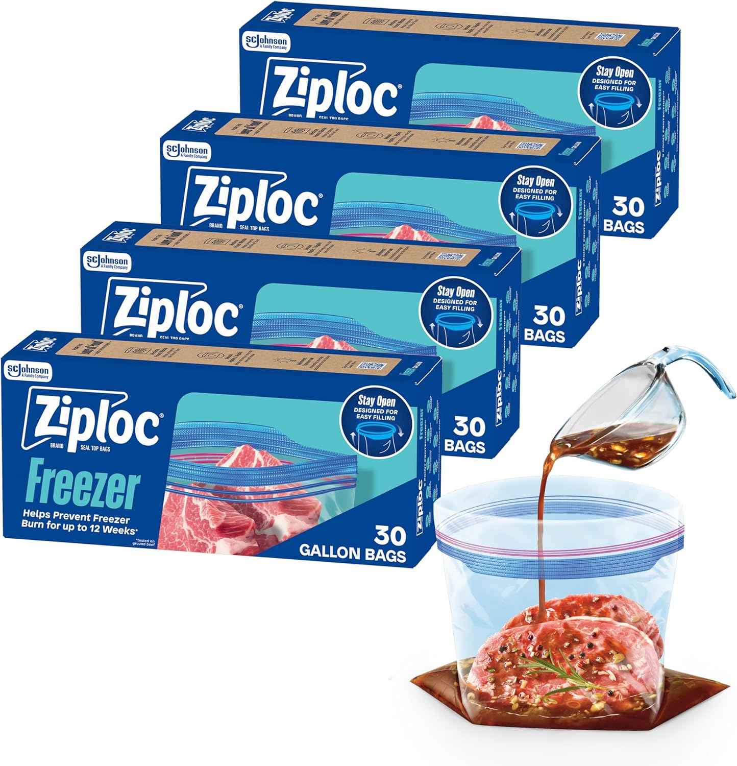 Ziploc Gallon Food Storage Freezer Bags, Stay Open Design with Stand-Up Bottom, Easy to Fill, 120 Bags Total