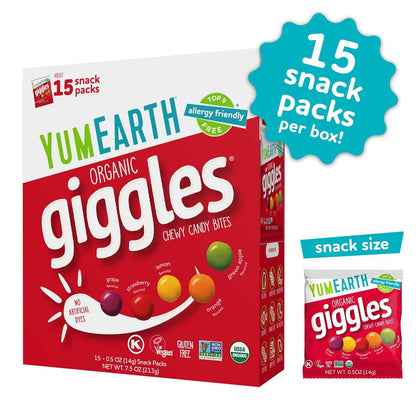 YumEarth Organic Giggles Chewy Candy – Allergy Friendly, No Artificial Dyes, Non GMO, Gluten Free, Fruit Flavored, Vegan Candy Snacks 0.5 oz