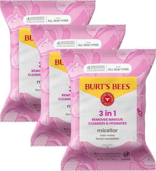 Burts Bees Micellar Towelettes, 100% Plant Based Cloth; 99% Natural Origin; Remove Makeup, Cleanse, Hydrate; No Greasy, Oily Residue; All Skin Types