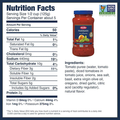 Barilla Pasta Sauce, NO ADDED SUGAR - Made with 100% Extra Virgin Olive Oil - No Artificial Colors, Flavors or Preservatives - Non-GMO, Gluten Free, Kosher