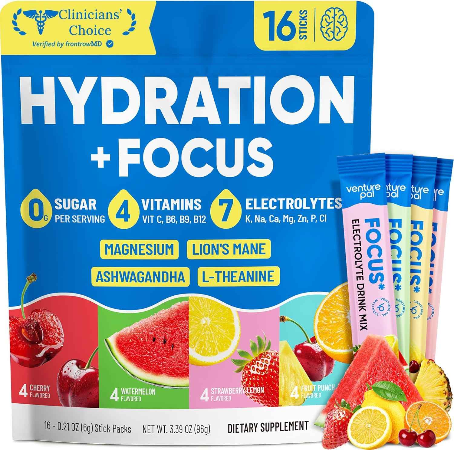 Venture Pal 2-in-1 Hydration Packets + Focus Support Electrolytes Powder, 7 Electrolytes + Vitamins, Magnesium, Lion's Mane & L-Theanine | Sugar Free Liquid Daily IV Drink Mix, Vegan, Keto, 16 Sticks