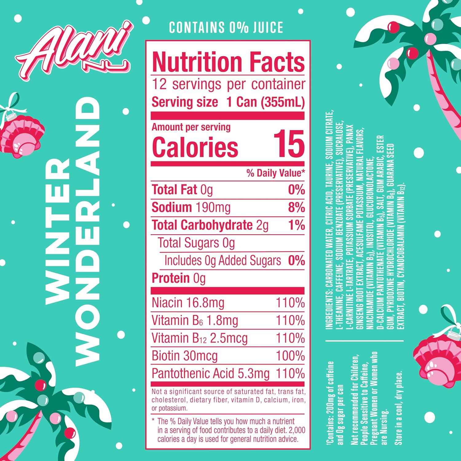 Alani Nu Winter Wonderland, Sugar Free, Low Calorie Energy Drinks, 200mg Caffeine, Biotin, B Vitamins, Zero Sugar, 10 Calories, 12 Fl Oz Cans, 24 Pack