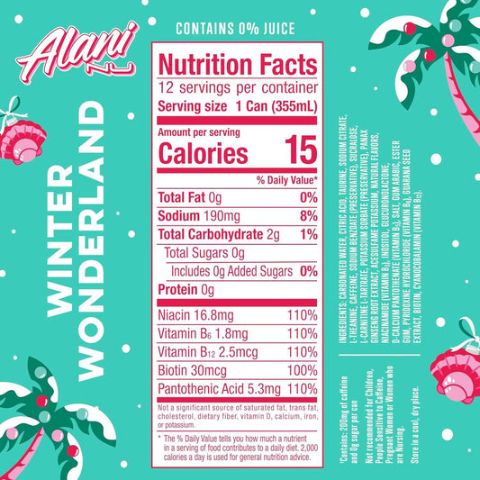Alani Nu Winter Wonderland, Sugar Free, Low Calorie Energy Drinks, 200mg Caffeine, Biotin, B Vitamins, Zero Sugar, 10 Calories, 12 Fl Oz Cans, 24 Pack