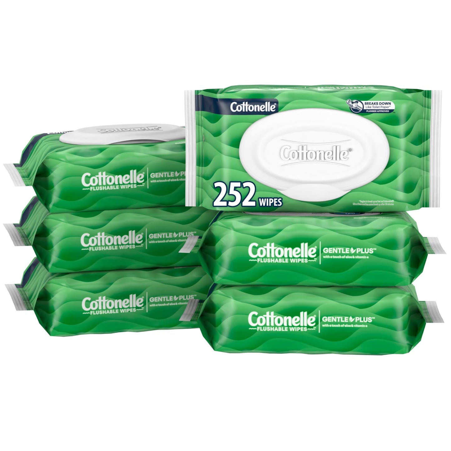 Cottonelle GentlePlus Flushable Wet Wipes with Aloe &amp;amp; Vitamin E, 6 Flip-Top Packs, 42 Wipes Per Pack (252 Total Wipes), Packaging May Vary