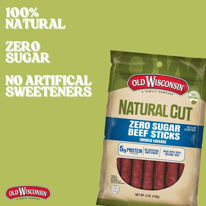 Old Wisconsin Natural Cut Beef Sausage Snack Sticks, Zero Sugar, Naturally Smoked, Ready to Eat, High Protein, Low Carb, Keto, Gluten Free, No Artificial Preservatives or Nitrates, 5 Ounce