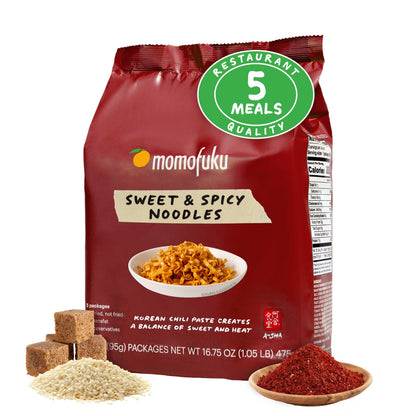 Momofuku Sweet &amp;amp; Spicy Ramen Noodles by David Chang, 5 Count (Pack of 1) Air-Dried Vegan Instant Noodles with Sauce