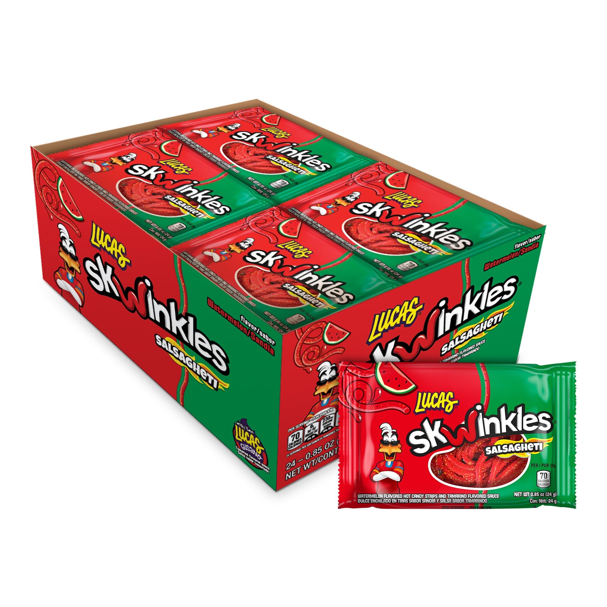 Lucas Salsagheti Watermelon Flavored Sweet &amp;amp; Hot Candy Strips and Tamarind Flavored Sauce, 0.84 oz - 12 Pieces Pack for Treats, Snack, Parties, Piñatas – Sweet