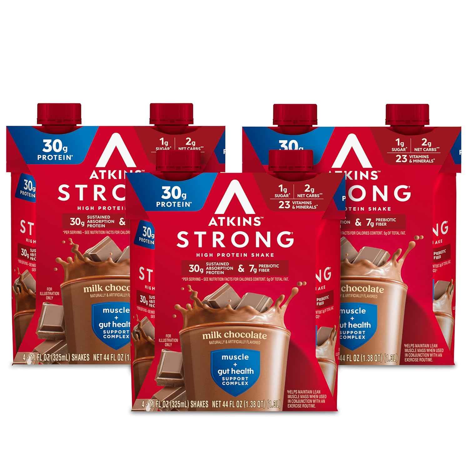 Atkins Strong High Protein Shake, 30g Protein, 7g Prebiotic Fiber, 1g Sugar, GLP-1 Support, Muscle & Gut Health Support Complex