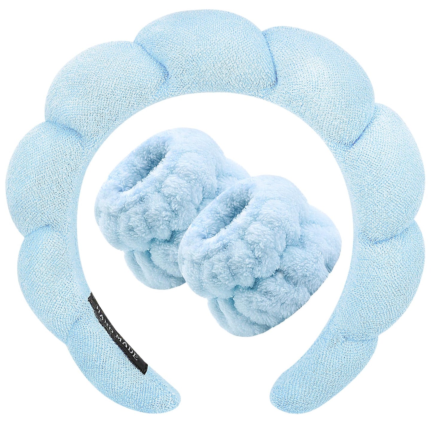 Zkptops Spa Headband for Washing Face Wristband Set Sponge Makeup Skincare Headband Terry Cloth Bubble Soft Get Ready Hairband for Women Girl Puffy Padded Headwear Non Slip Thick Hair Accessory(Blue)