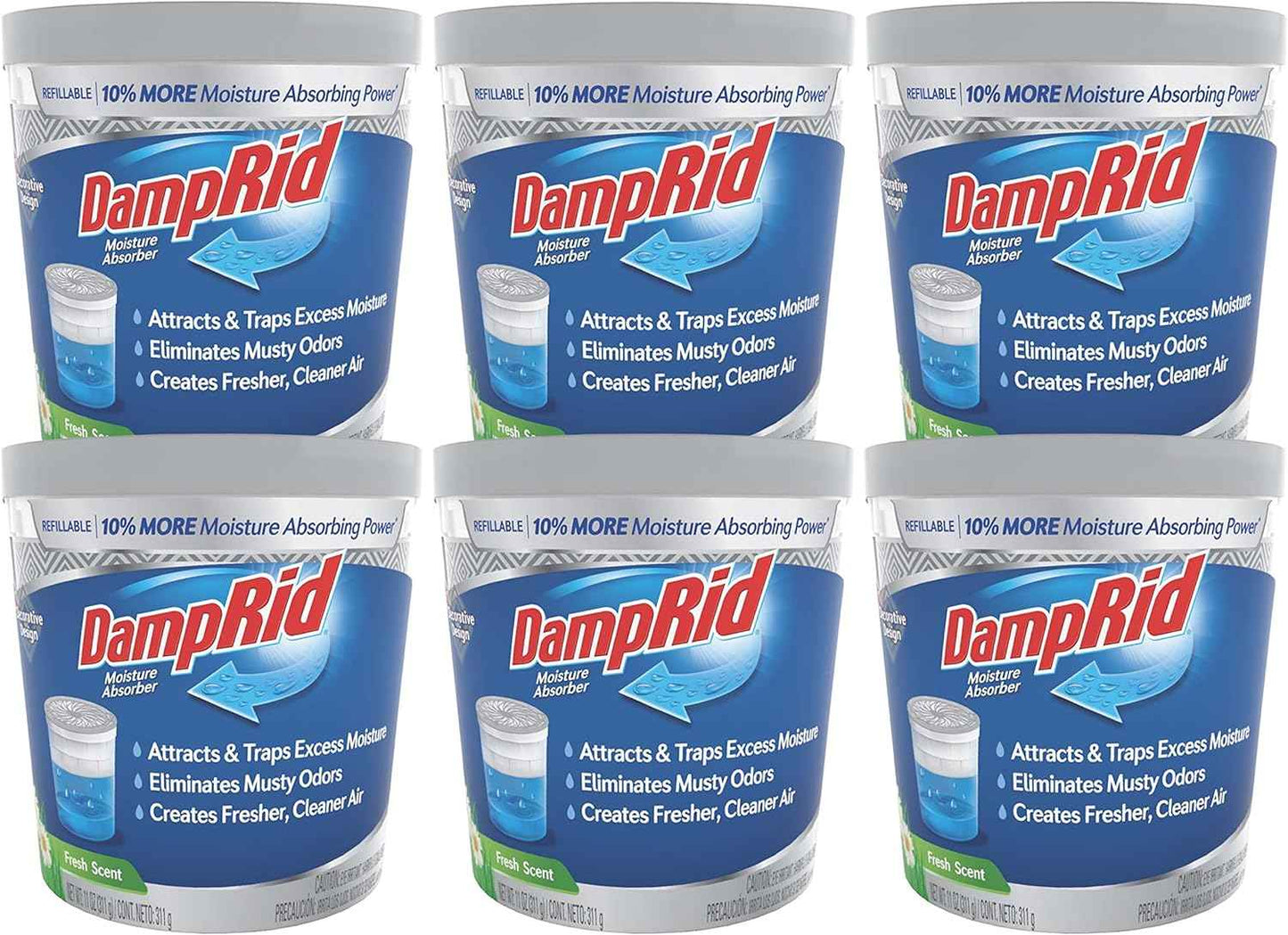 DampRid Refillable Moisture Absorber, 11 oz., 6-Pack - Fresh Scent Moisture Absorbers, 10% More Absorbing Power*, Eliminates Musty Odors for Fresher, Cleaner Air