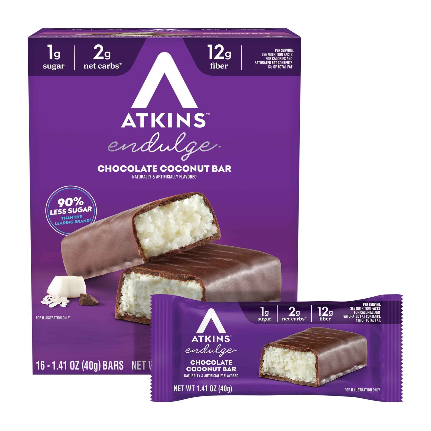 Atkins Endulge Chocolate Coconut Flavored Snack Bar, 1g Sugar, 12g Fiber, Low Sugar Snack, High Fiber Bars, Keto Friendly Treat