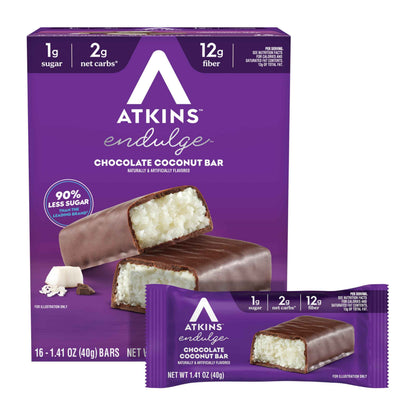 Atkins Endulge Chocolate Coconut Flavored Snack Bar, 1g Sugar, 12g Fiber, Low Sugar Snack, High Fiber Bars, Keto Friendly Treat