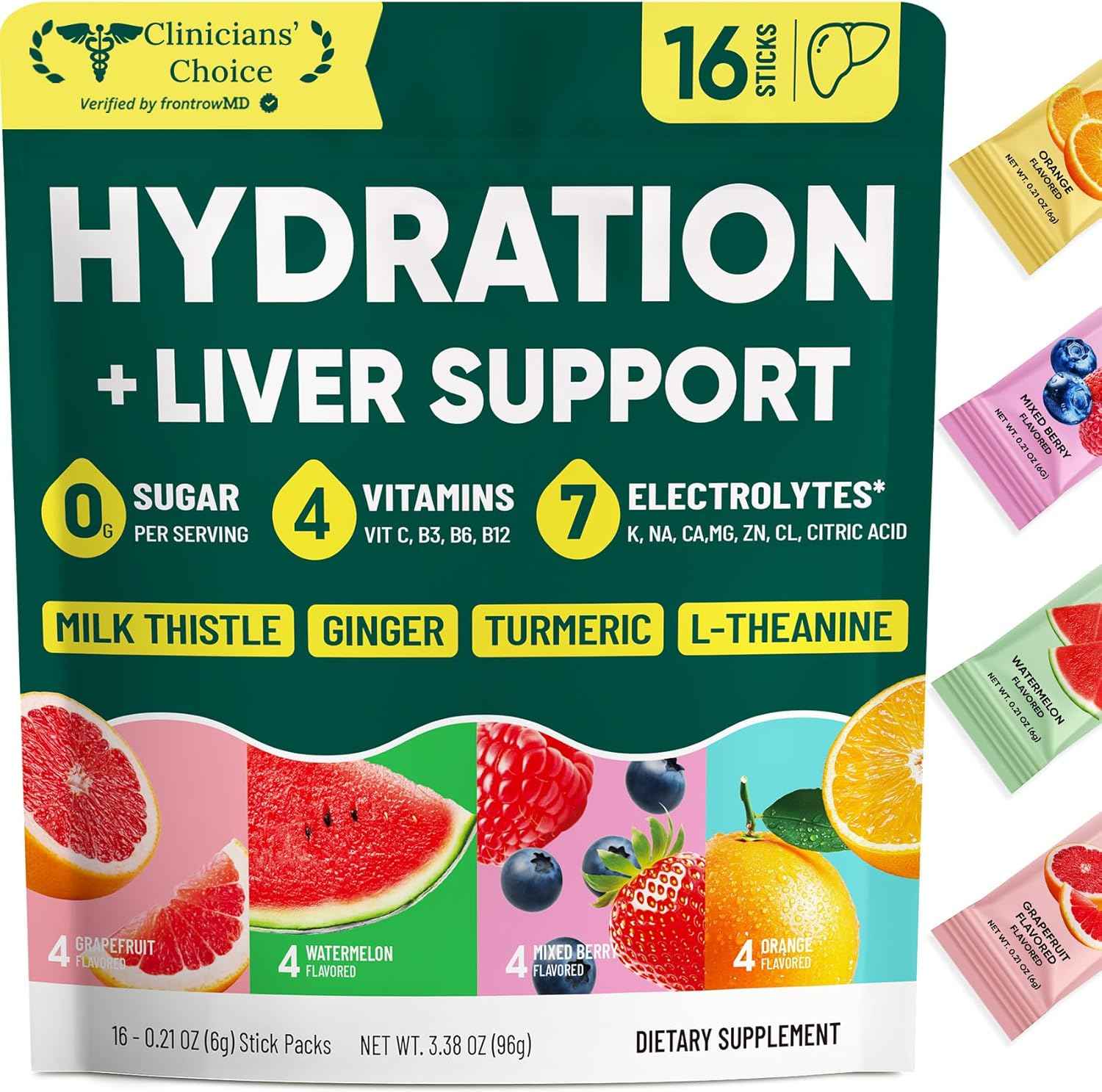 Venture Pal Hydration Packets + Liver Support- Liquid Daily IV Electrolyte Powder Packets with 7 Electrolytes & 5 Vitamins, Milk Thistle + L-Theanine | Sugar-Free | Keto Friendly | Vegan, 16 Sticks