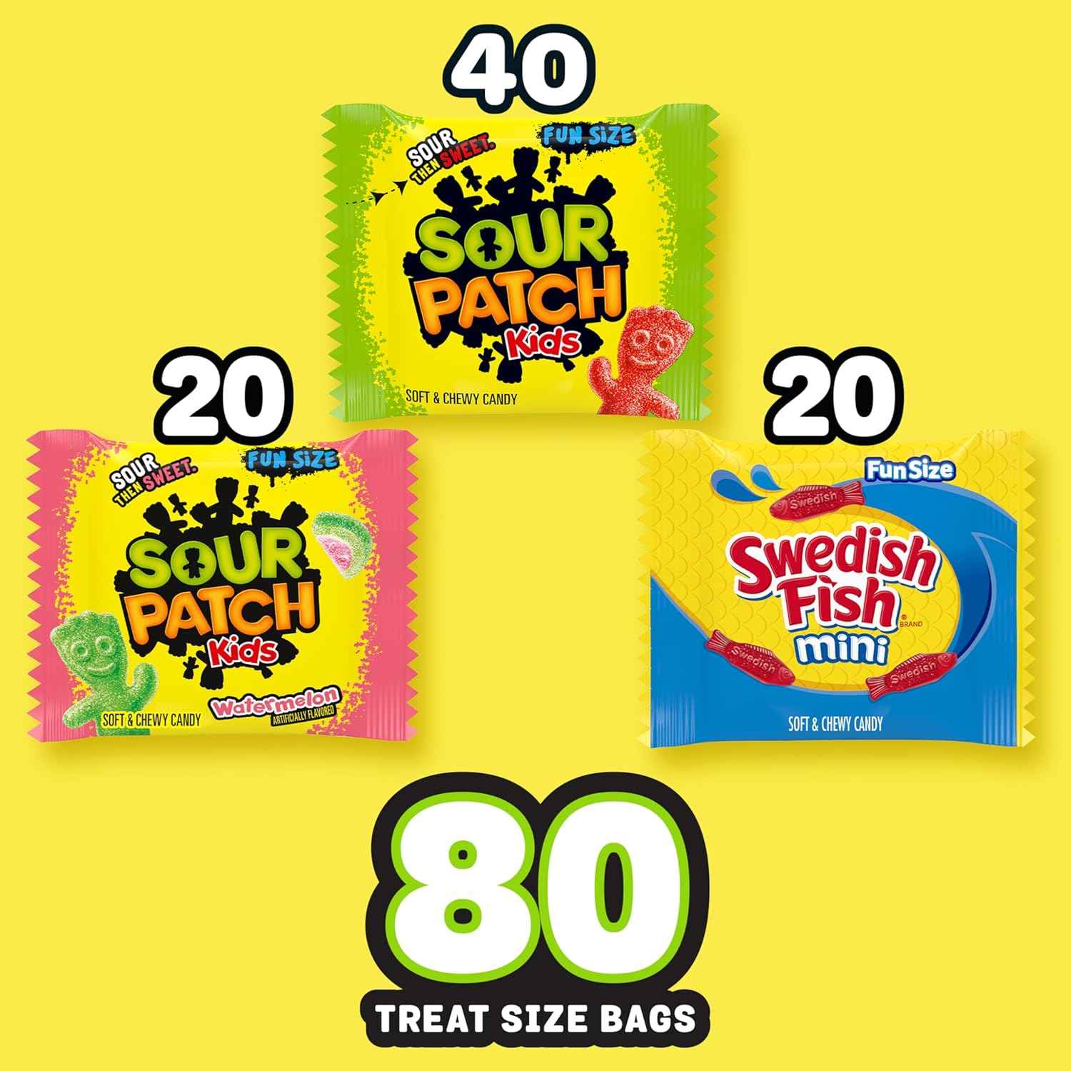 SOUR PATCH KIDS and SWEDISH FISH Mini Soft & Chewy Candy Variety Pack, Bulk Candy, 80 Treat-Size Snack Packs