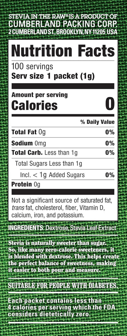 Stevia_In_The_Raw,_Plant_Based_Zero_Calorie,_No_Erythritol,_Sugar_Substitute,_Sugar-Free_Sweetener_for_Coffee,_Hot_&_Cold_Drinks,_Suitable_For_Diabetics,_Vegan,_Gluten-Free,_100Count_Packets_(1_Pack)