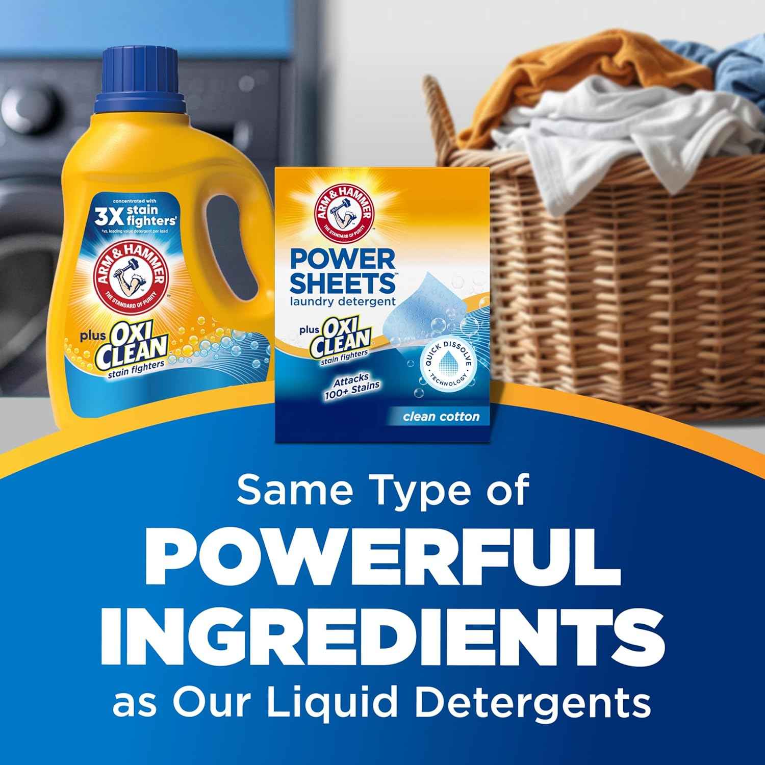 ARM & HAMMER Power Sheets Laundry Detergent Plus OxiClean Stain Fighters, Clean Cotton Scent, 52 Count, 104 Medium Loads
