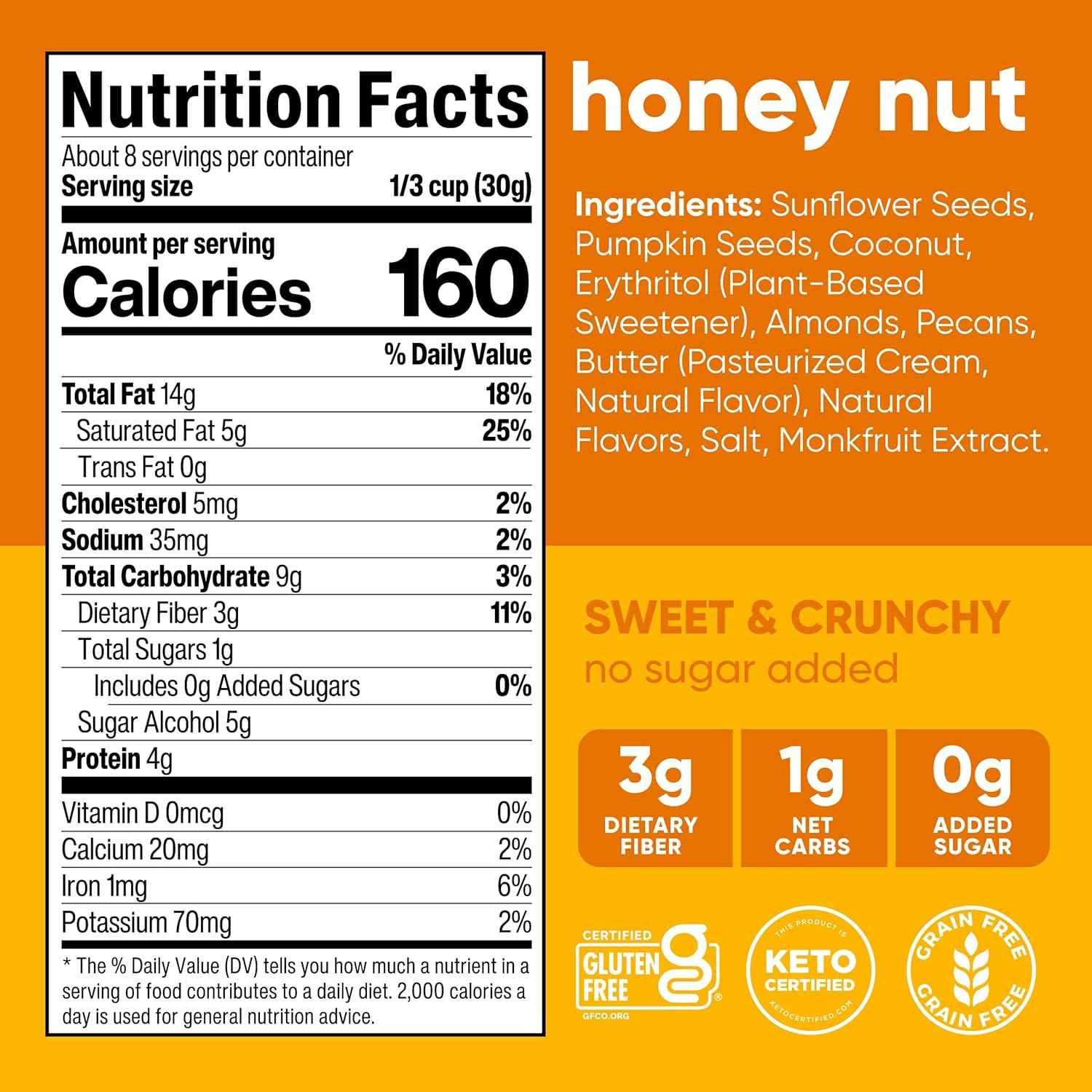 NuTrail Nut Granola Cereal, Honey Nut, No Sugar Added, Keto, Low Carb, Gluten Free, Grain Free, Healthy Breakfast 8 oz.
