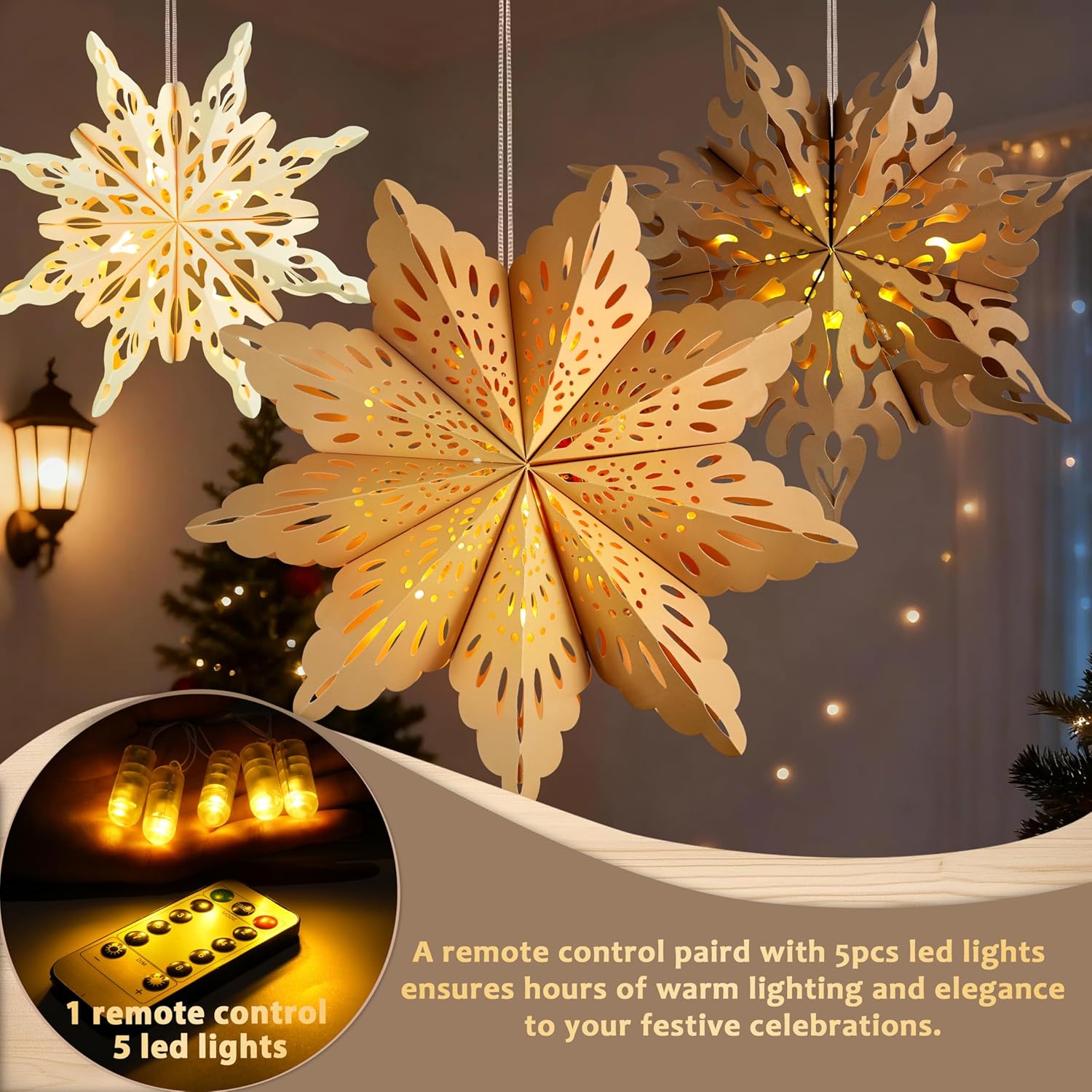 5Pcs_Christmas_Paper_Snowflake_Lanterns,_Large_Christmas_Paper_Star_Lanterns_with_LED_Lights_White_Beige_Khaki_Hanging_Snowflake_Lamps_for_Xmas_Winter_Frozen_Wedding_Birthday_Holiday_Party_Decorations