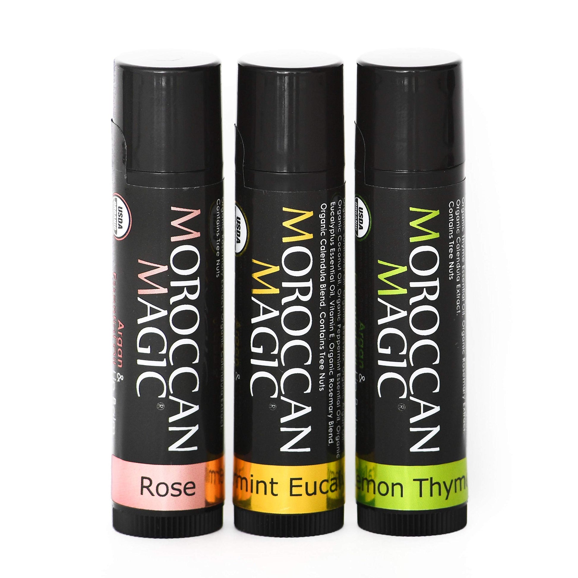 Moroccan Magic Organic Lip Balm Variety 3 Pack | Rose, Peppermint Eucalyptus, Lemon Thyme | Ultra Hydrating Argan and Essential Oils | Smooth Application | Non-Toxic Cruelty Free | Natural Gift Set
