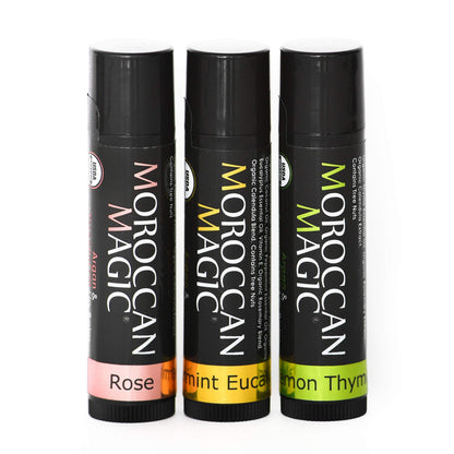 Moroccan Magic Organic Lip Balm Variety 3 Pack | Rose, Peppermint Eucalyptus, Lemon Thyme | Ultra Hydrating Argan and Essential Oils | Smooth Application | Non-Toxic Cruelty Free | Natural Gift Set