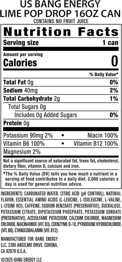 Bang Energy Lime Pop Drop, Sugar-Free Energy Drink, 16-Ounce (Pack of 12)