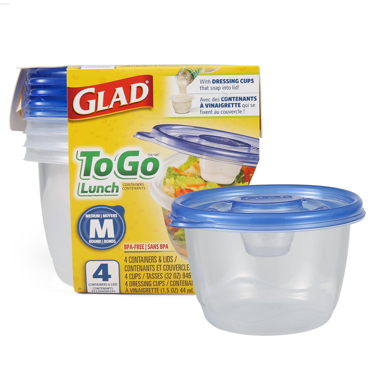 Glad Gladware Lockware to Go Food Storage Containers Medium Size Round Food Storage That Holds up to 32 Ounces of Food, Solids, or Liquids | 32 oz Containers, 4 Count Set