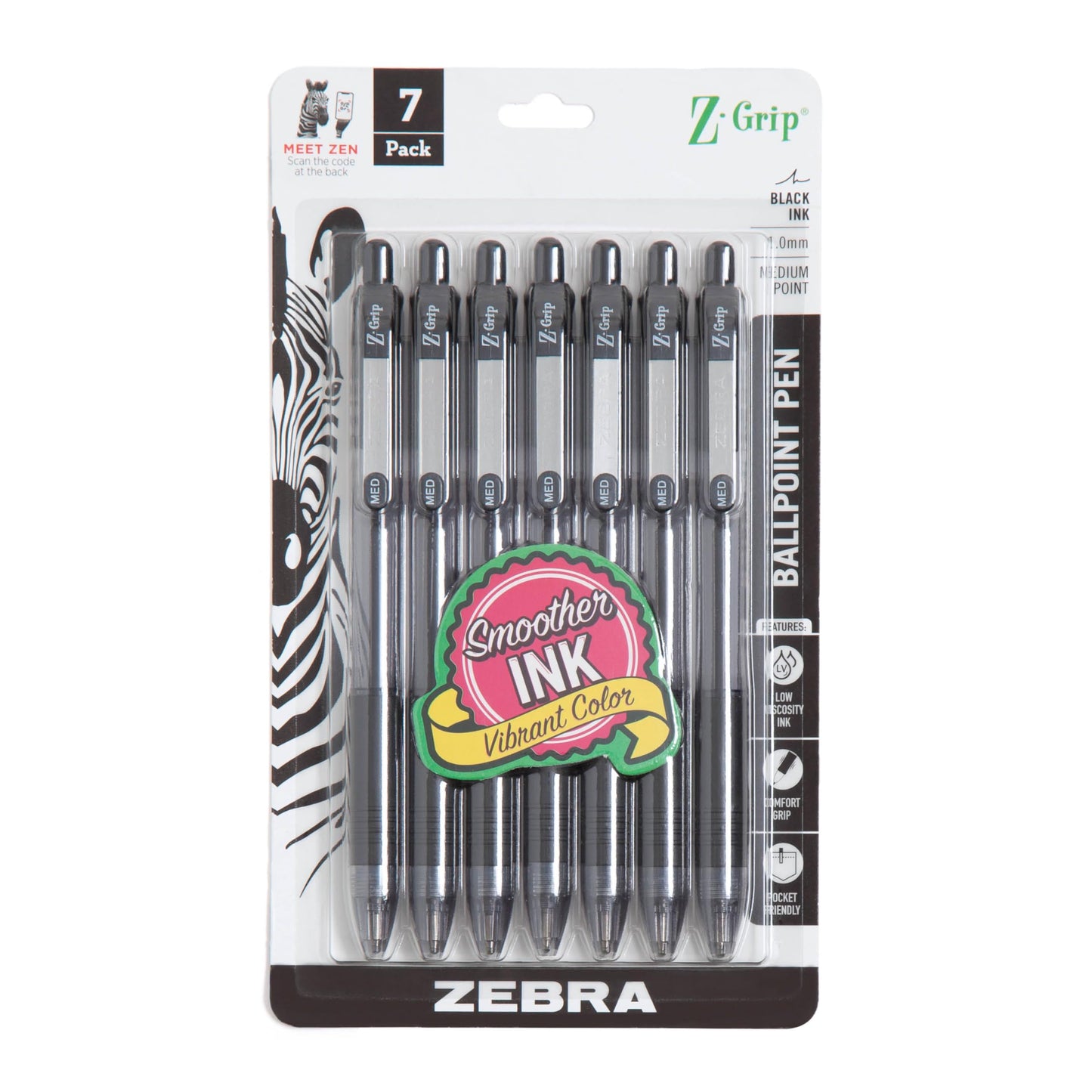 Zebra Pen Z-Grip Retractable Ballpoint Pen, Smooth-Flowing Black Ink, 1.0mm Medium Point, School &amp;amp; Office Supplies, Ideal for Note-Taking, Journal and Planner Use, 7-Pack (22271)