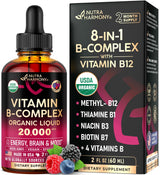 USDA Organic Vitamin B-Complex B5 Pantothenic Acid | B12 Methylcobalamin | B1 Thiamine | B6 Pyridoxine | B7 Biotin | B9 Folic | B3 Niacinamide - B Complex Liquid Drops | Complex Liquid Spray, Made in USA Supplement