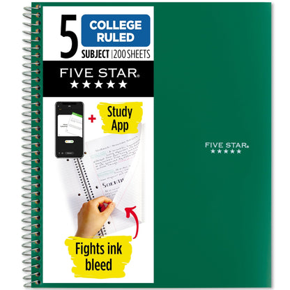 Five Star Spiral Notebook + Study App, 5 Subject, College Ruled Paper, 8-1/2&amp;#34; x 11&amp;#34;, 200 Sheets, Fights Ink Bleed, Water Resistant Cover, Forest Green (72079)