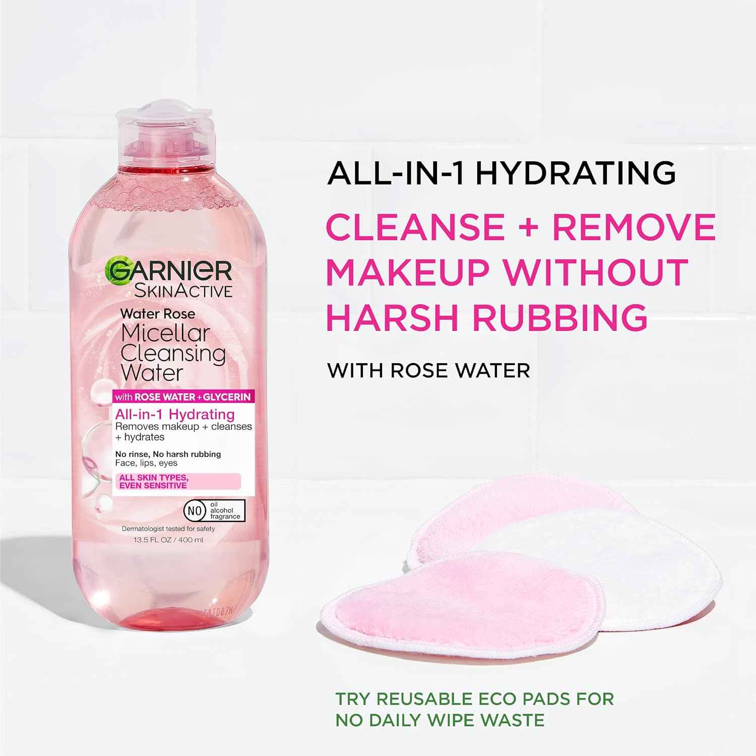Garnier Micellar Water with Rose Water and Glycerin, Hydrating Facial Cleanser & Makeup Remover, For All Skin Types, Vegan, Cruelty Free