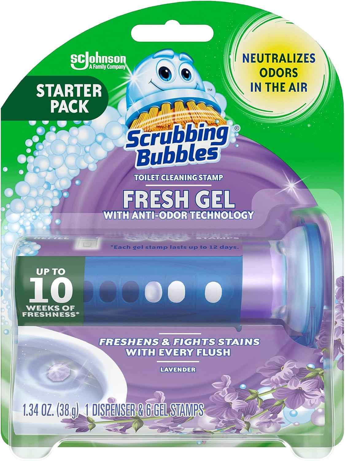 Scrubbing Bubbles Fresh Gel Toilet Bowl Cleaning Stamps, Helps Keep Toilet Clean and Helps Prevent Limescale & Rings, 1 Dispenser with 6 Fresh Gel Stamps