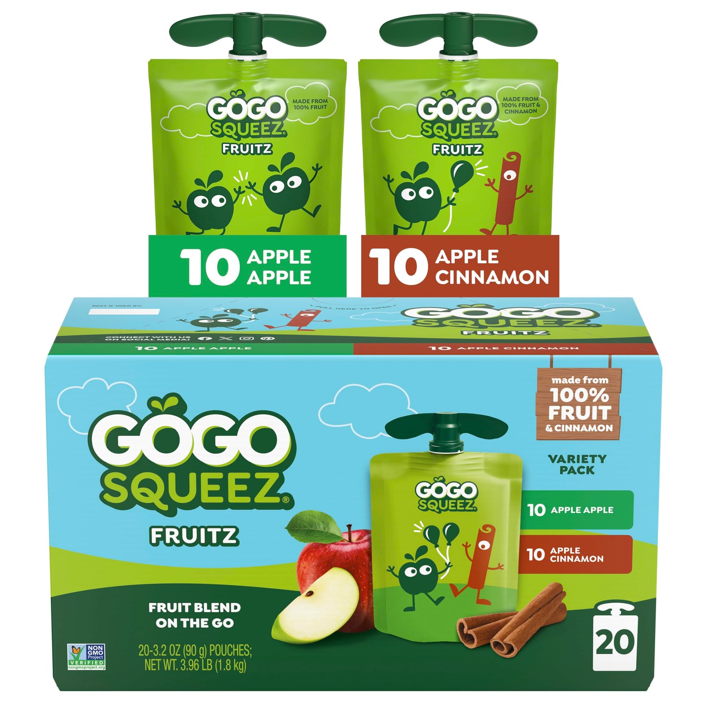 GoGo squeeZ Applesauce and Fruit Puree Variety Pack, Apple &amp;amp; Cinnamon, 3.2 oz (Pack of 20), Unsweetened Fruit Snacks for Kids, Gluten Free, Nut Free, BPA Free Pouches (Packaging May Vary)