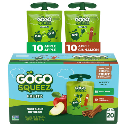 GoGo squeeZ Applesauce and Fruit Puree Variety Pack, Apple &amp;amp; Cinnamon, 3.2 oz (Pack of 20), Unsweetened Fruit Snacks for Kids, Gluten Free, Nut Free, BPA Free Pouches (Packaging May Vary)