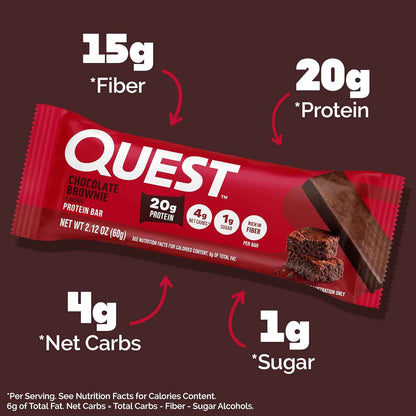 Quest Nutrition Chocolate Brownie Protein Bars, 20g Protein, 4g Net Carbs, 1g Sugar, High Fiber, Gluten Free, Keto Friendly, 4 Count