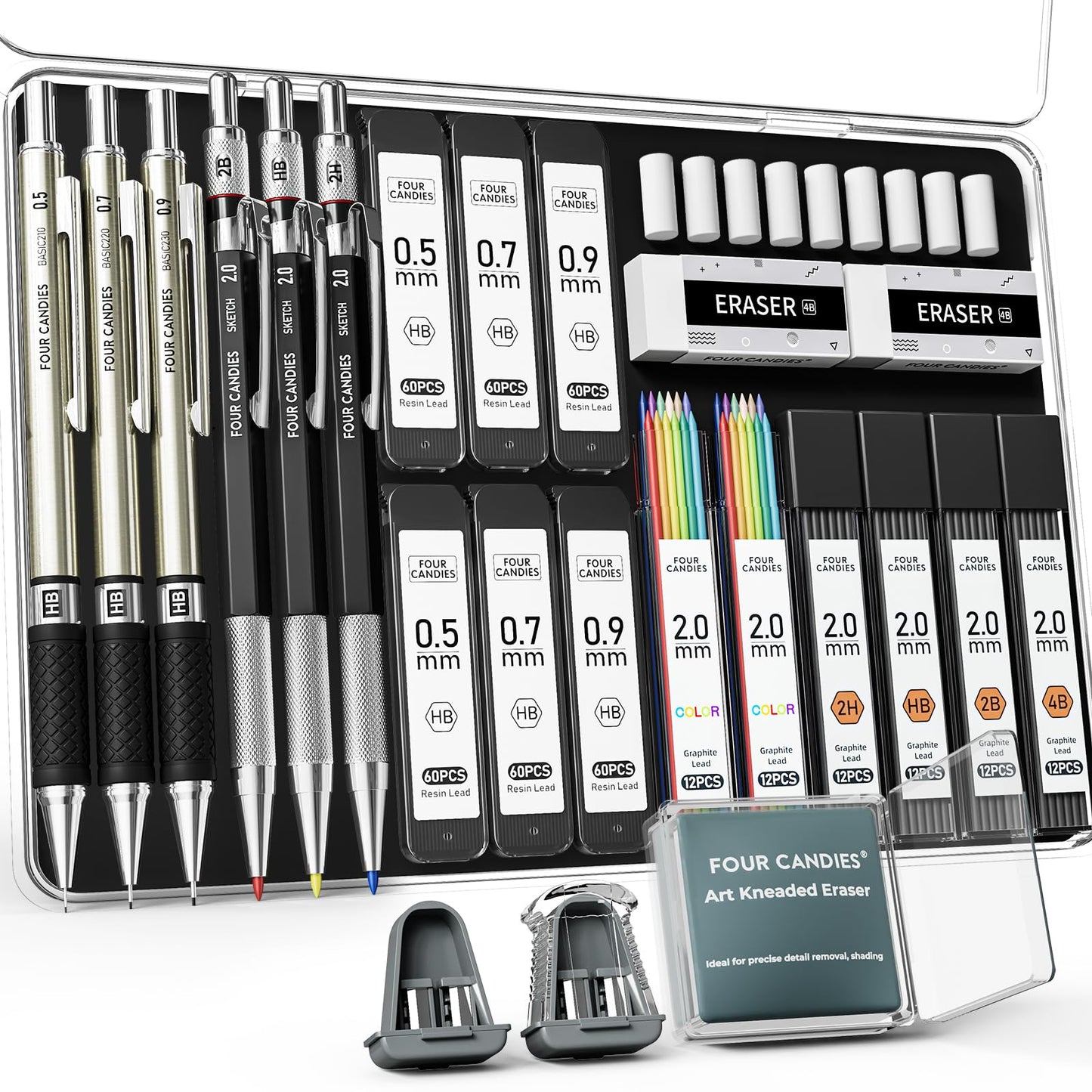 Four Candies 25PCS Art Mechanical Pencil Set with Case, 3PCS Metal Artist Lead Pencil 0.5, 0.7, 0.9 mm &amp;amp; 3PCS 2mm Holder (HB 2H 2B 4B Color) with 432PCS Graphite Lead Refills for Drawing Sketching