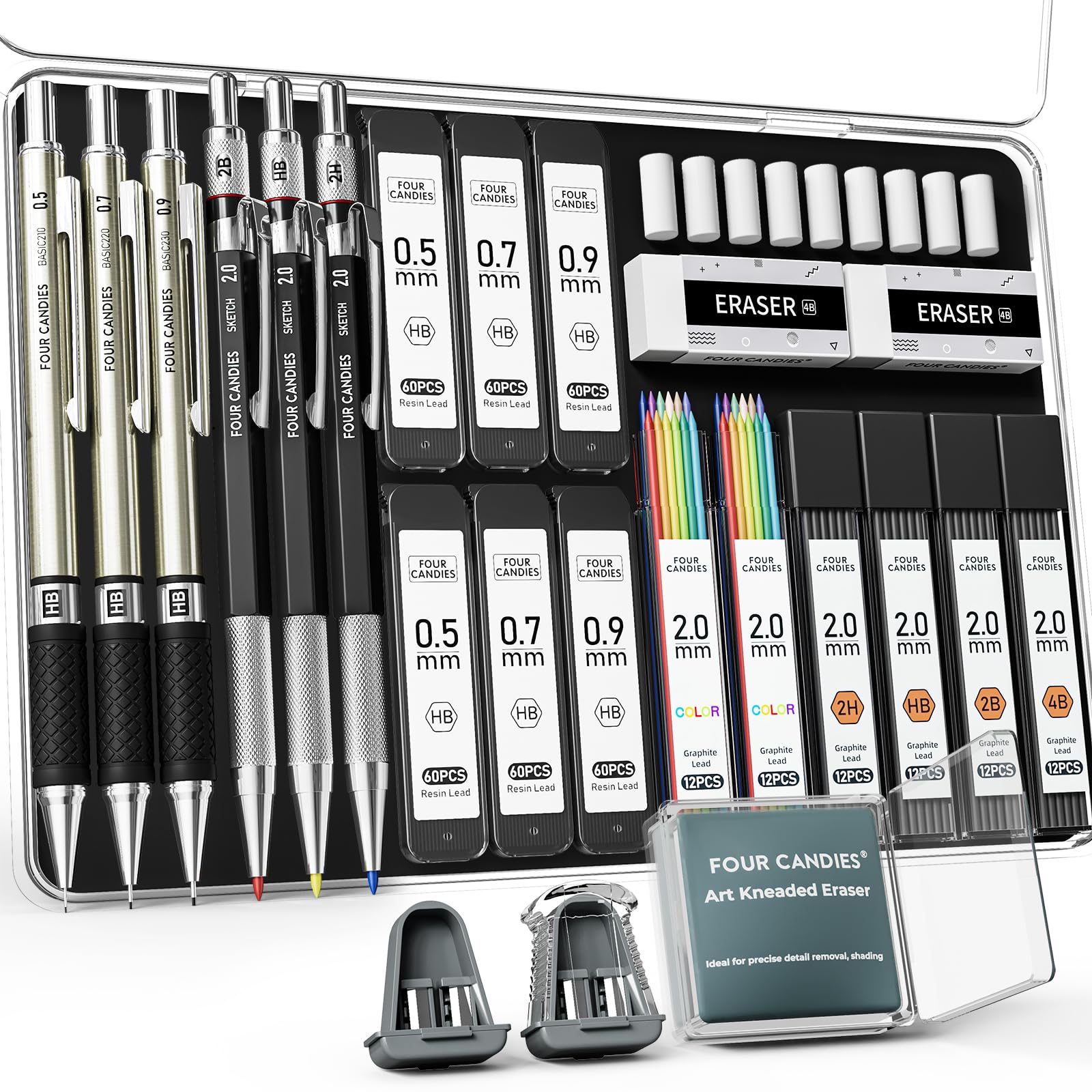 Four Candies 25PCS Art Mechanical Pencil Set with Case, 3PCS Metal Artist Lead Pencil 0.5, 0.7, 0.9 mm &amp;amp; 3PCS 2mm Holder (HB 2H 2B 4B Color) with 432PCS Graphite Lead Refills for Drawing Sketching