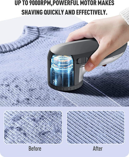 Ruidla Fabric Shaver Lint Shaver Defuzzer, Electric Lint Remover, Rechargeable Sweater Shaver with Replaceable Stainless Steel 3-Leaf Blades, Dual Protection, Removable Bin