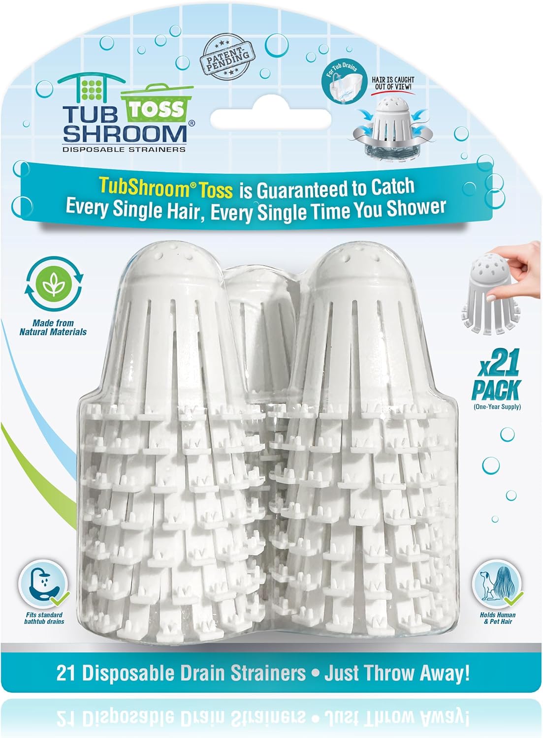 TubShroom_Toss_21pk_Disposable_Bath_Tub_Drain_Strainers_-_Hair_Catcher_Snare_for_Shower_Bathtub_to_Prevent_Clogged_Drains,_Traps_Human_and_Pet_Hair,_One_Year_Supply_(White)