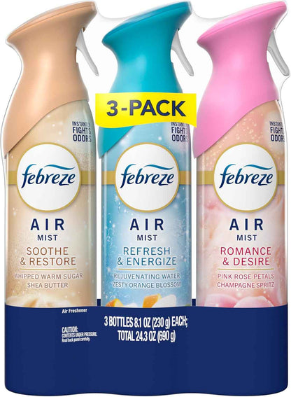 Febreze Air Mist, Air Freshener, Odor Fighting Room Spray, Deodorizer for Home Bathroom Kitchen Office Apartment, Soothe & Restore, Refresh & Energize, Romance & Desire Variety Pack