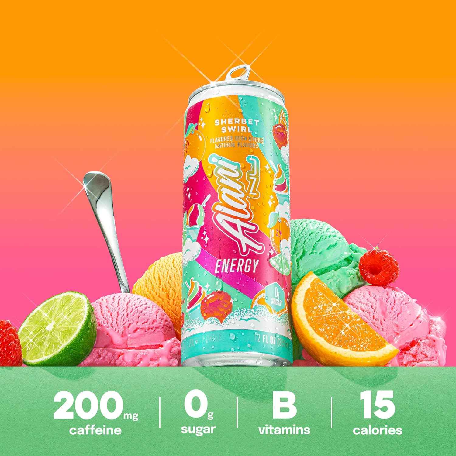 Alani Nu SHERBET SWIRL Sugar Free, Low Calorie Energy Drinks, 200mg Caffeine, Biotin B Vitamins, Zero Sugar, 10 Calories, 12 Fl Oz Cans, 12 Pack