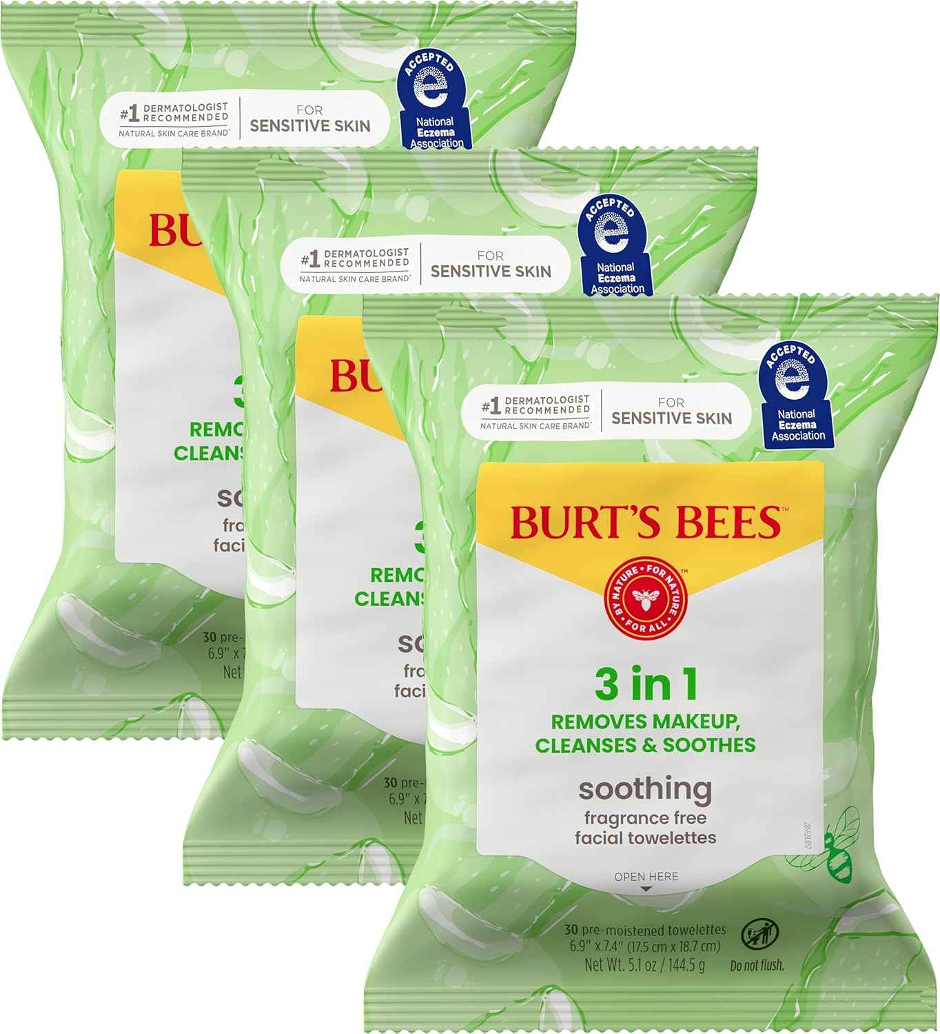 Burt’s Bees Soothing, Fragrance Free Facial Towelettes for Sensitive Skin, Aloe Vera, 100% Plant Based Cloths; 99% Natural Origin; Removes Makeup, Dirt and Oil; No Rinsing